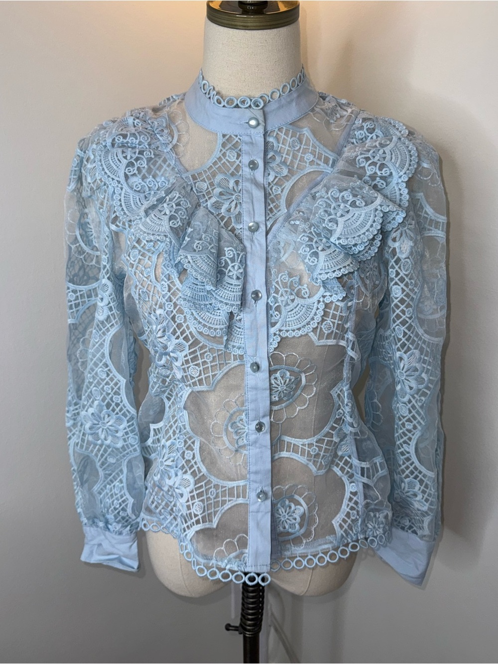 Haute Monde Women’s Medium Light Blue Sheer Lace Long Sleeve Floral Blouse Top